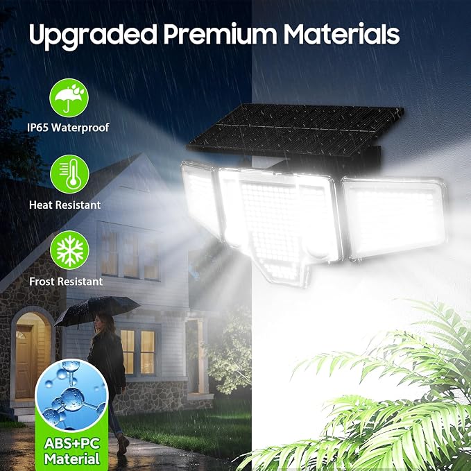 Solar Lights Outdoor, 4000LM Solar Flood Lights with Dual PIR & Curved 300° Wide Beam, Larger 3500mAh Adjustable Solar Security Spot Lights Waterproof for Yard-3Pack Black