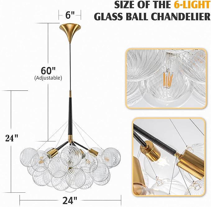 Mid-Century Bubble Ball Chandelier Black Gold 6-Light Cluster Clear Swirled Blown Glass Globe Pendant Light Dia 24" Chandeliers Lighting Light Fixtures for Dining Room Bathroom Island Entryway