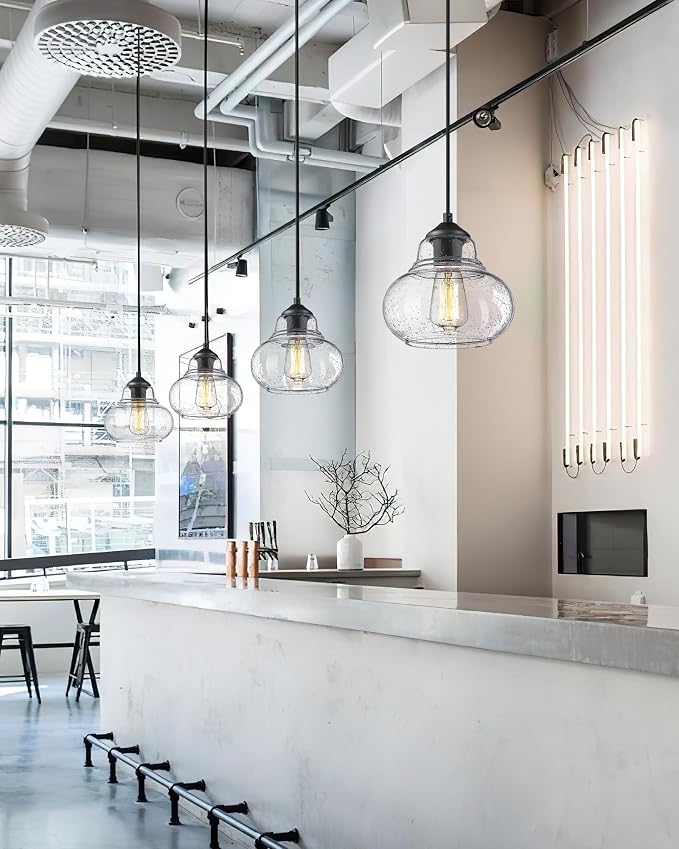 ELYONA 2 Pack Bubble Glass Pendant Light 8 inch Industrial Kitchen Hanging Pendant Light Fxitures Modern Hand Blown Seeded Glass for Farmhouse Dining Room Bar Bedroom Living Room Black