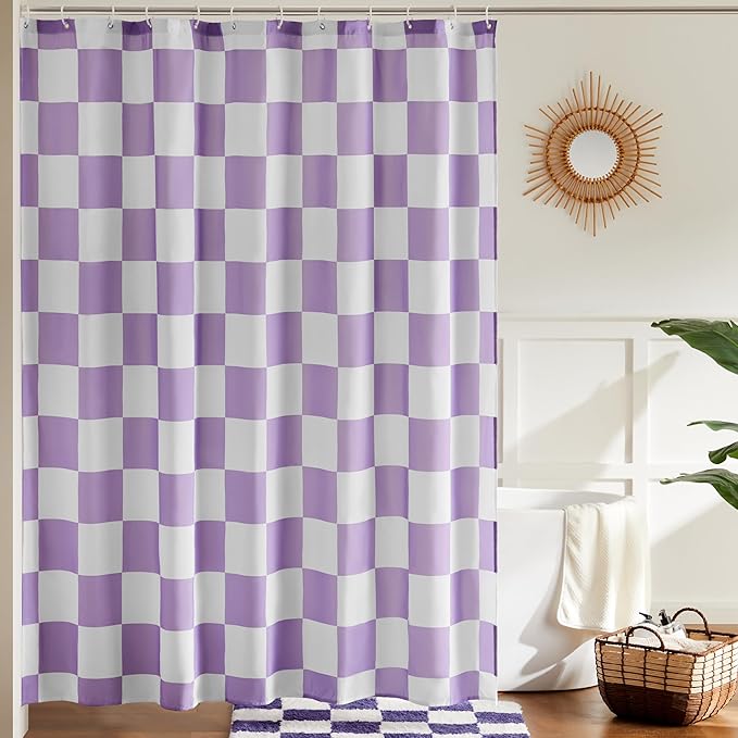 Ohocut Checkered Shower Curtain, Lavender Purple Shower Curtains for Bathroom, Cute Retro Checkboard Shower Curtain Vintage Aesthetic, Washable Fabric Bath Curtain 72''x72''