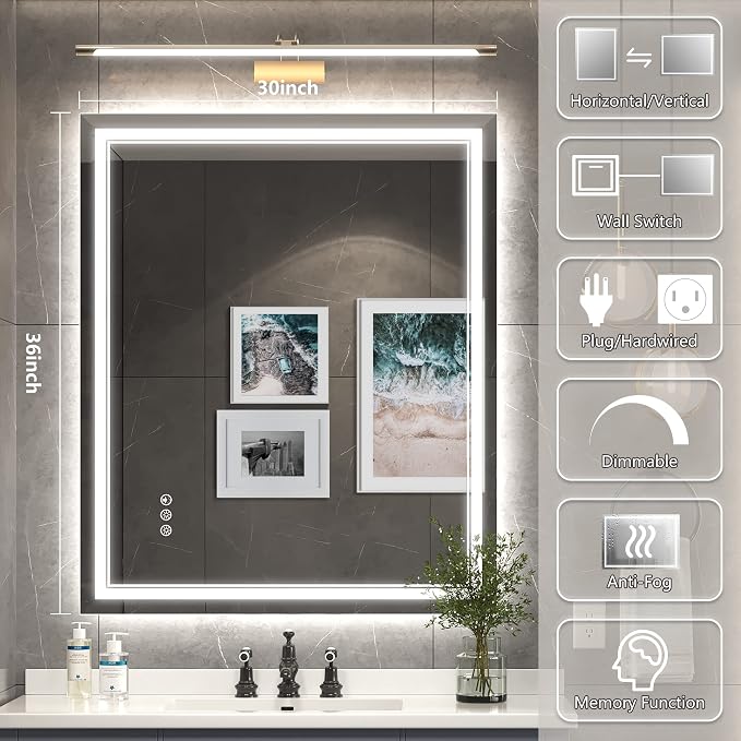 Ratsamee 30x36 Inch Led Mirror for Bathroom with Front Light and Backlit, Bathroom Mirror with Led Lights, Vanity Mirror with Lights for Wall, Anti-Fog, Dimmable, Memory Function, Tempered Glass