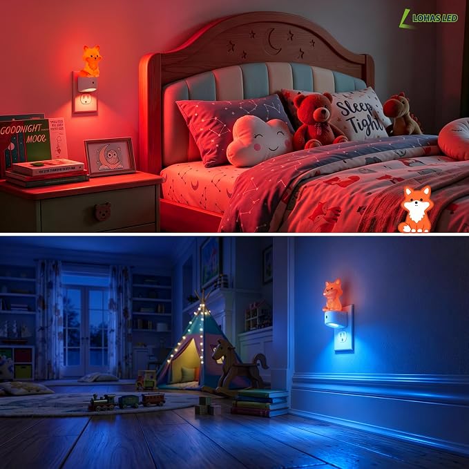 L LOHAS LED Night Light for Kids,Kids Night Light,Dusk to Dawn Sensor | 3D Cute Brown Fox Night Lights,RGB+Soft White 3000K,Birthday Gift Nightlight for Kids, Room Decor 2 Pack