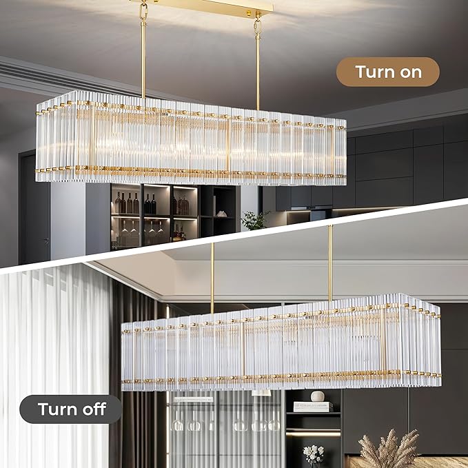 IKK Modern Rectangle Gold Chandeliers for Dining Room, 40" Ribbed Glass Island Light Fixture, Linear Farmhouse Lighting with Adjustable Height for Kitchen Island, Living Room