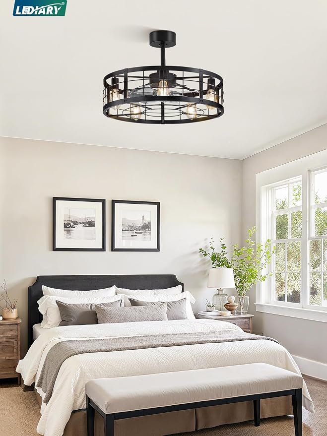LEDIARY 26 inch Fandelier Caged Ceiling Fan with Light and Remote, Black | 6 Speed Adjustable,Timing, Quiet & Powerful DC, Large, Farmhouse, Industrial, Enclosed, Bladeless, Bedroom, Kitchen, Downrod