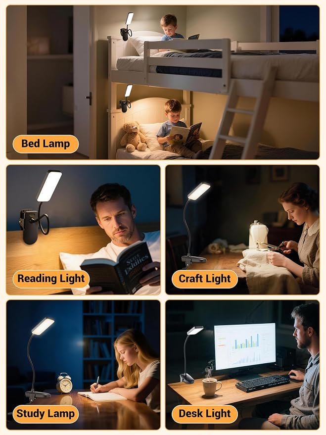 Clip on Light,9 Brightness+5 Color Rechargeable Lamp,48 LED Small Desk Lamp | 4000mAh Battery Powered Lamp,450 Lumen Clamp Light, Wireless & Cordless Book Reading Light for Bed/Bedside Table/Bedroom/Dorm