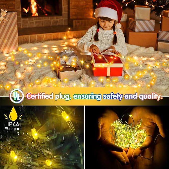 KNONEW 203FT 600LED Green Wire Outdoor Fairy Lights Plug in Warm White Xmas | Timer,Memory,Dimmable,Remote,Waterproof,Green Wire,Invisible in Greenery,for Garden,Wedding,Party, Indoor/Outdoor, Christmas