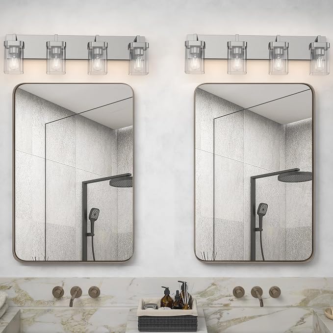 4-Light Bathroom Light Fixtures, Brushed Nickel Vanity Lights for Bathroom, Kitchen, Living Room, Modern Bathroom Vanity Lights with Clear Glass Shades