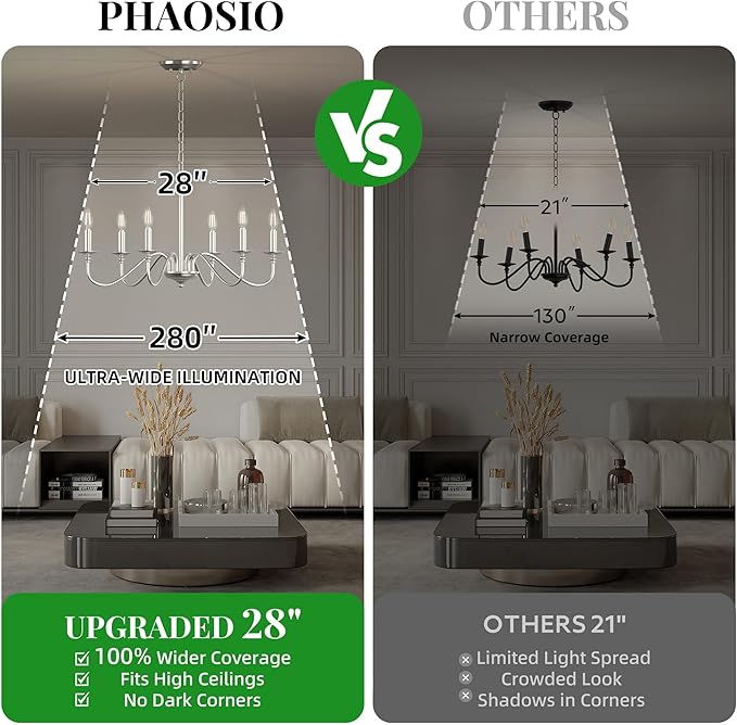 6-Light Farmhouse Chandelier 28'', Rustic Industrial Kitchen Island Pendant Lighting Fixture, Vintage Candle Ceiling Light for Dining Room, Living Room, Entryway, Bedroom-Brushed Nickel