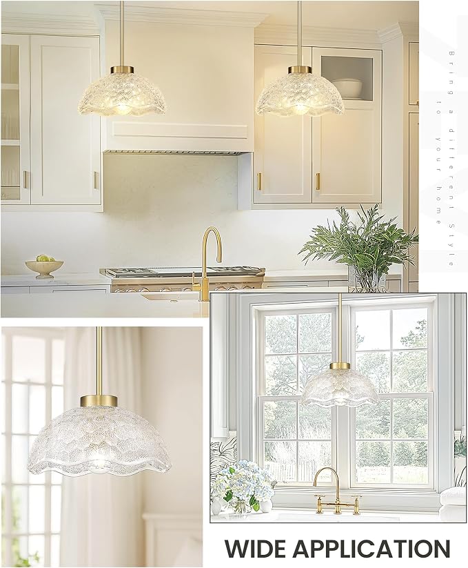 zeyu 2-Pack Pendant Lights Kitchen Island Gold, 10.4'' Ceiling Hanging Light Fixtures, Brushed Gold Pendant Lightings with Clear Hammered Glass, ZJX116M1L-2PK BG