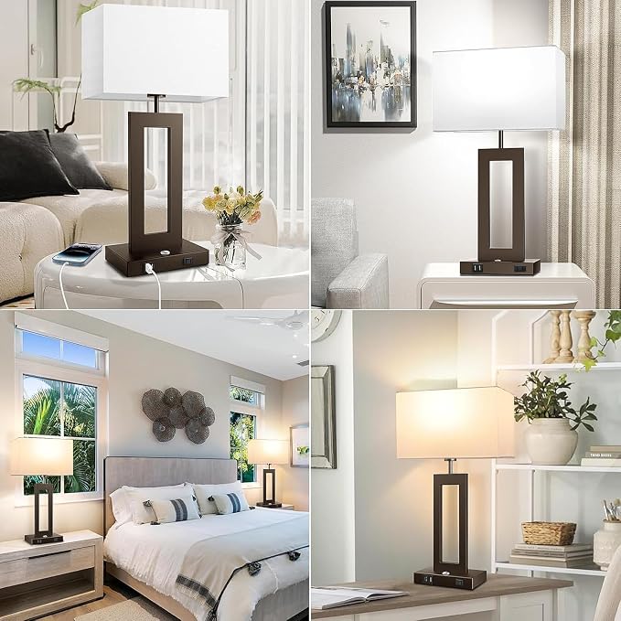 3 Color Temperatures Brown Table Lamps for Bedrooms Set of 2, 22’’ Touch Control Bedside Nightstand Lamps with 2 USB Ports & AC Outlet, Modern Lamp Sets for Living Room, Stepless Dimming, White Shade