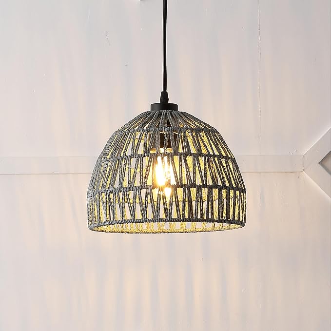 JONATHAN Y Campana 1-Light Pendant Dome Ceiling Lamp, 10.25", Gray | Modern Coastal Farmhouse Decor, Adjustable Height, Woven Rope Metal Frame, LED Bulb Included, UL Listed
