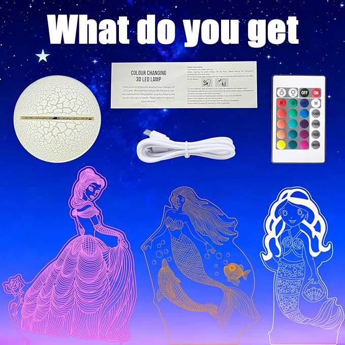 Princess 3D Night Light with Remote - 3 in 1 Interchangeable Acrylic Panels, 16 RGB Colors 4 Modes, USB/Battery(Not Included), Christmas Gift for Girls, Princess Bedroom Decor