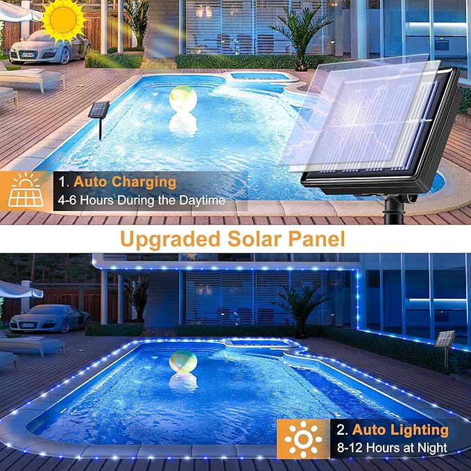 33FT 135 LED Solar Rope Lights Outdoor Waterproof, Blue and White Solar String Lights for Outside 8 Modes, Solar Powered Fairy Light for Camping Patio Garden Fence Trampoline Holiday Decorations