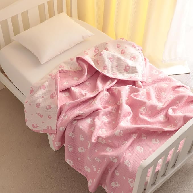 NTBAY 3 Layer Muslin Toddler Blanket, 30 x 40, Pink Elephant | Breathable Muslin Cotton Outer Layers with Light Thermal Fill, Reversible for Stroller, Daycare, Travel, and Supervised Use