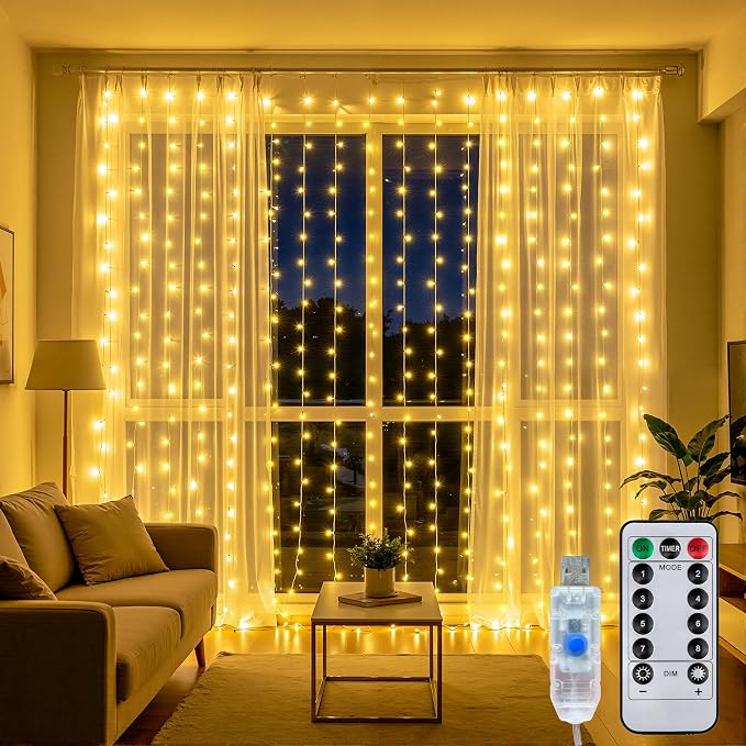 Curtain String Lights Indoor, 300LED 9.8 * 9.8FT USB Plug-in Window Curtain Lights with Timer and 8 Modes, Waterproof Warm White Curtain Fairy Lights for Bedroom Room Wedding Outdoor Decor