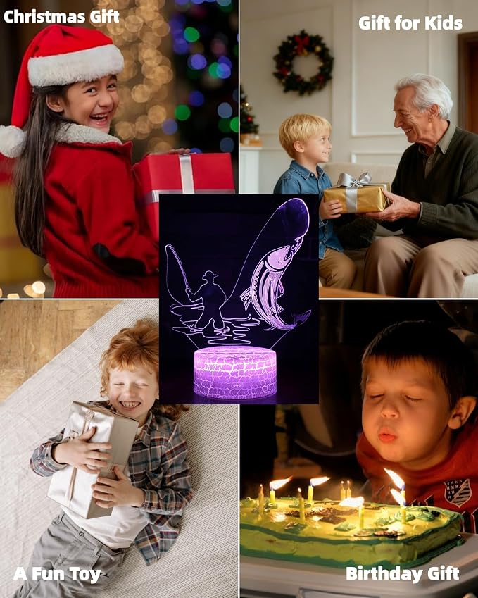 Fish 3D Illusion Lamp, Fishing Gift Night Light, 16 Colors Changing | Dimmable, Touch & Remote Control, Room Bedroom Decor, Birthday Father's Day Christmas for Boy Girl Toy Kid Teenage Men