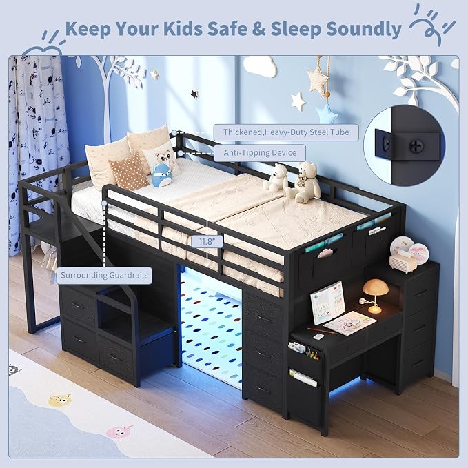 Twin Loft Bed with Desk, RGB Lights & Under Bed Play Fort, Black | 11 Storage Drawers, Clothes Rack, Pockets, Wide Step Stairs, 11.8''H Safety Guardrail, Built-in Charging Station