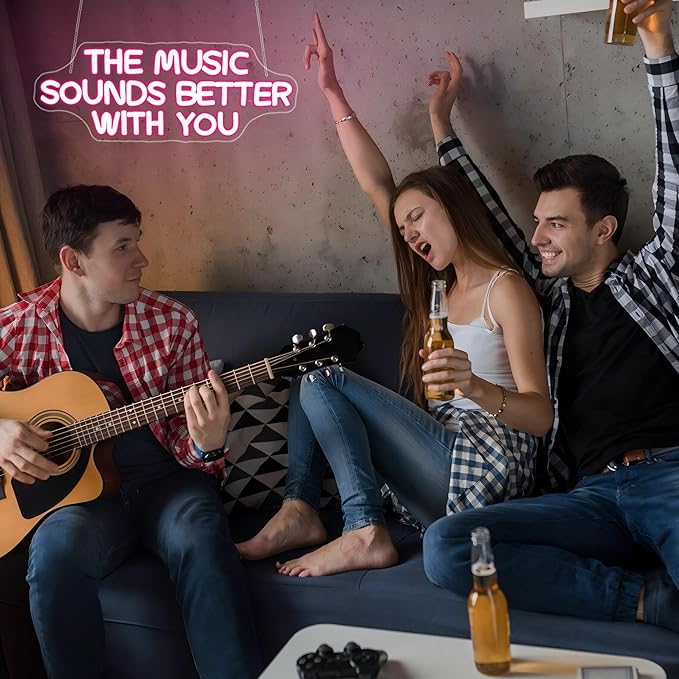 Neon Sign, HSJNJKFU Pink Neon Signs for Wall Decor, Music LED Signs for Party Bedroom Party Birthday Homw Decor, Bar Beer Signs for Man Cave - USB Powered