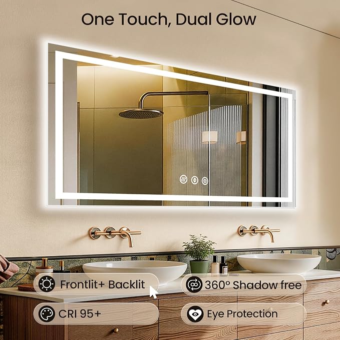60x36 LED Bathroom Mirror with Anti-Fog, Backlit & Front Lit, Memory | Stepless Dimmable 3 Color CRI 95+ Shatterproof Tempered Glass ETL Listed for Safety Lighted Bathroom Vanity Mirror for Wall
