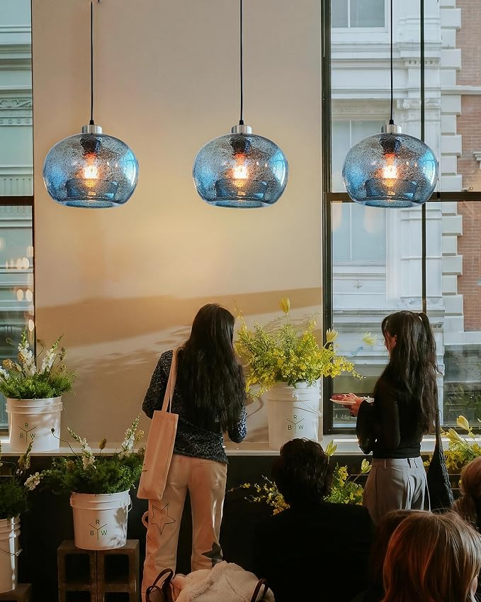 Glass Pendant Lights Kitchen Island, Marble Blue 8.7 Inch 2 Pack | Hand Blown Glass Ceiling Hanging Modern DiningTable,Adjustable Cord Brushed Nickel ETL Certification