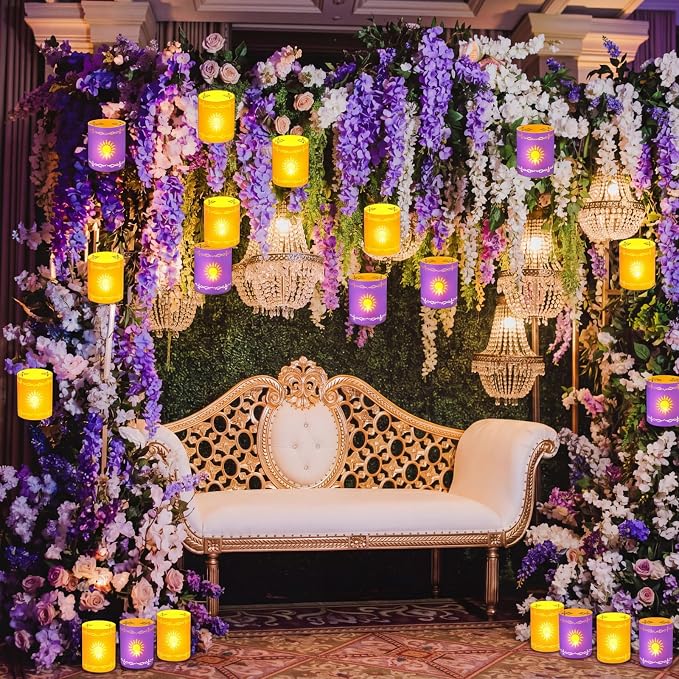 Fuyoooo 20 Set Paper Sun Lantern with LED Candles for Centerpieces LED Tea Lights with Paper Bags Battery Operation for Princess Wedding Party, Halloween, Christmas Decoration(Yellow and Purple,Sun)
