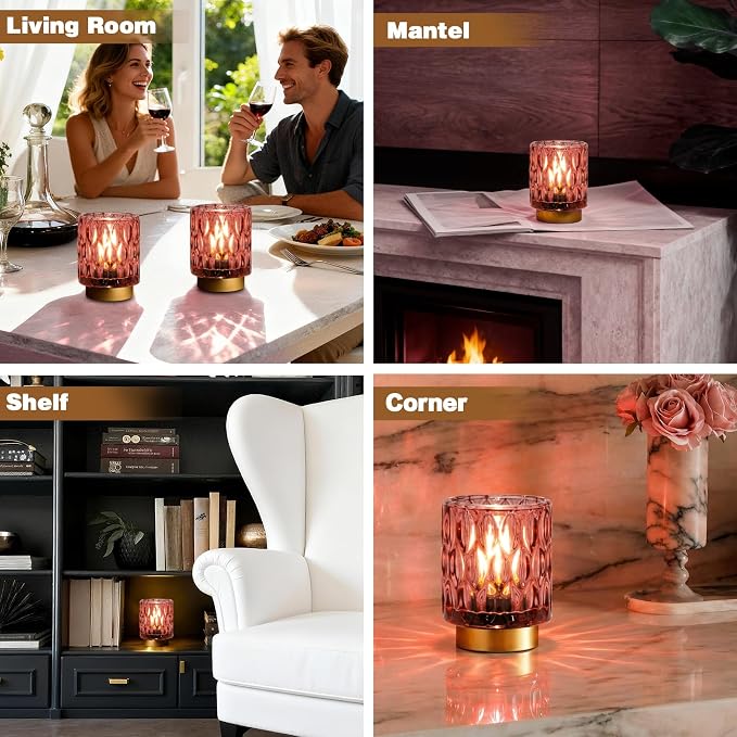 Battery Operated Table Lamp Timer, Small Cordless Lamps Decorative, 2 Pink | Mini Crystal Lamp for Area No Plug, LED Battery Powered Lamps Wireless, Glass Accent Light for Bathroom Fireplace Shelf Decor