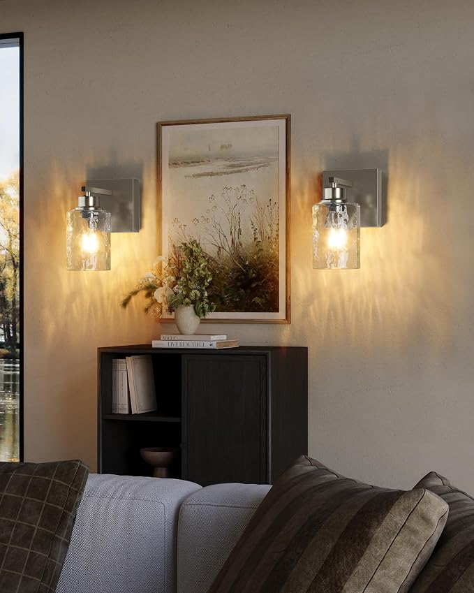 Hammered Glass Wireless Battery Operated Wall Sconces Set of Two Nickel | Dimmable Rechargeable Wall Lights with Remote Timer, Easy Install Lamp for Living Room Bedroom, Emergency 3000K