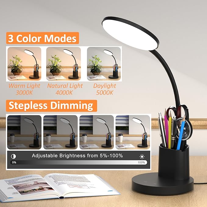 LED Desk Lamp for College Dorm with Pen Phone Holder, Black | 3 Color Modes Dimmable Desk Light, College Dorm Essentials, 360° Adjustable Arm, Eye-caring Bedside Reading Lamp, 800 Lumen