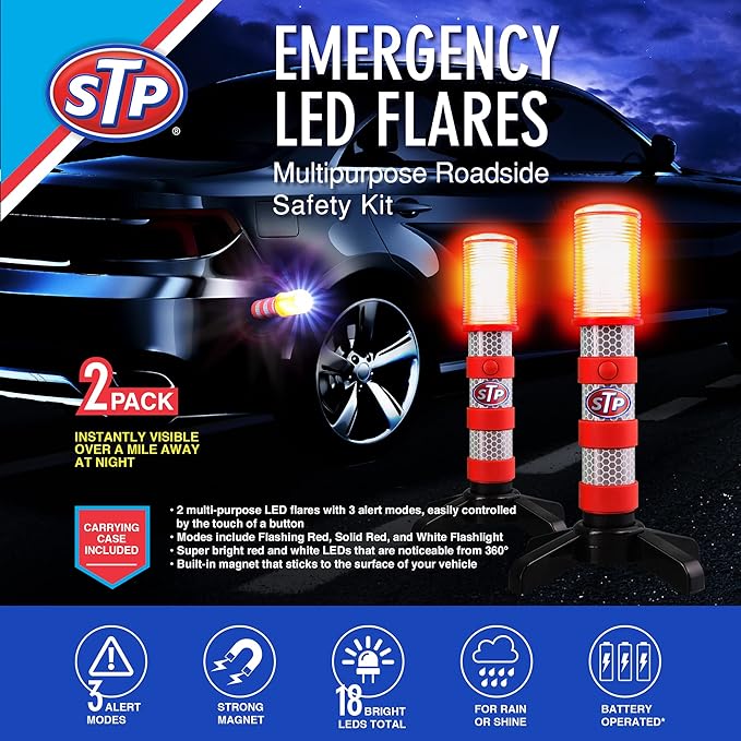 XTREME STP LED Road Flares, 3 Alert Lighting Modes: Flashing Red, Solid Red & White Flashlight, Emergency Flares for Vehicles, Visible From Up To A Mile, Foldable Stand/Built-In Magnet Sticks To Car