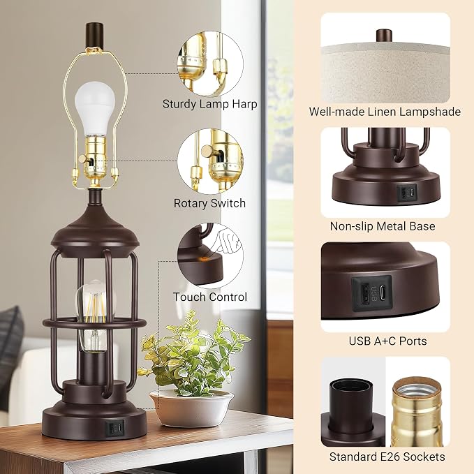 QiMH 23" Table Lamps Set of 2, Farmhouse Industrial Bedside Lamp | 3-Way Dimmable Touch Control, Rustic Nightstand Lamp for Bedroom, USB A+C Ports, Night Light, 2700K Bulb Included