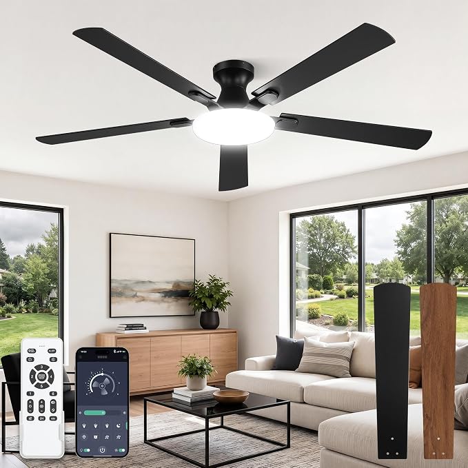 LEDIARY 60 Inch Flush Mount Ceiling Fans with Lights, Remote & APP Control | 3CCT,Stepless Dimmable,Memory Function,Timer,6-speed,Reversible Blade, Quiet DC Motor, Damp-Rated, Living Room, Covered Patio