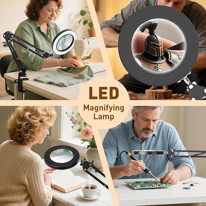 KIRKAS 10X Magnifying Glass with Light and Clamp, Swivel Arm LED Desk Lamp | 10 Level Dimmable 3 Color Modes, Lighted Magnifier with Light for Repair, Craft, Sewing, Reading, Close Work - Black
