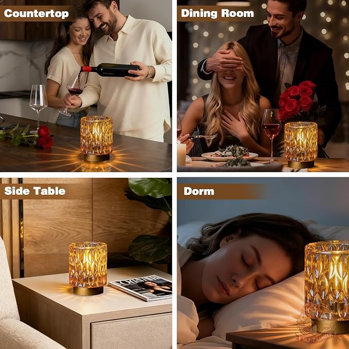 Battery Operated Table Lamp Timer, Small Cordless Lamps Decorative, Amber | Mini Crystal Lamp for Area No Plug, LED Battery Powered Lamps Wireless, Glass Accent Light for Bathroom Fireplace Shelf Decor