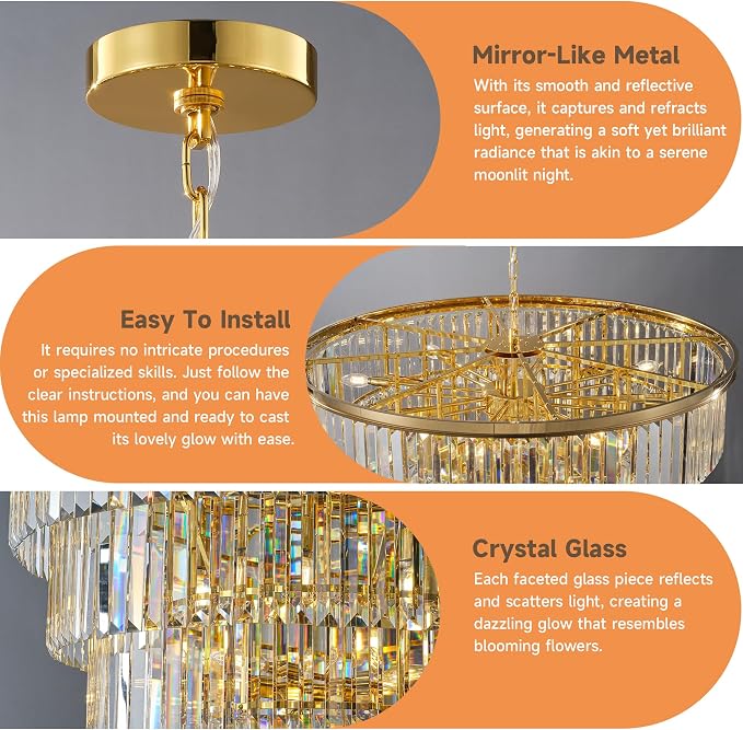 48-Inch Gold Tiered Crystal Tube Chandelier - 45-Light E12 Pendant with 580 Crystal Rods, Mirror-Polished Metal Frame, Adjustable 79" Chain, Gold