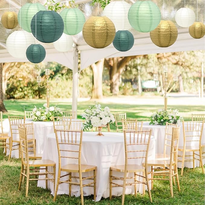 21Pcs Hanging Paper Lanterns, 4/6/8/10 Inch Sage Green and Gold Paper Lanterns Decorative, Hanging Lanterns for Wedding Birthday Baby Shower