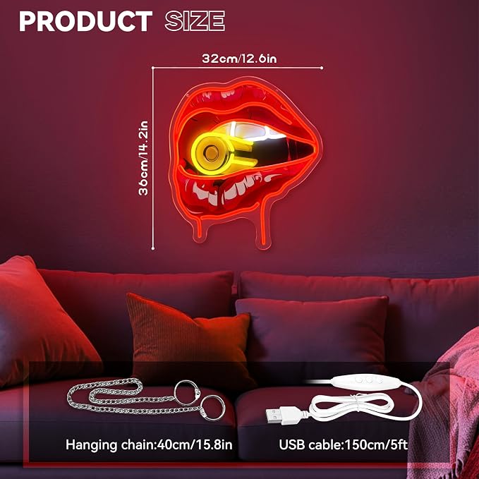 Bullet Red Lips Neon Sign, Flaming Red Lips Neon Signs for Wall Decor, Dimmable Acrylic Neon Lights for Room Bedroom Hotel Club Bar Party Decorations, Perfect Gifts