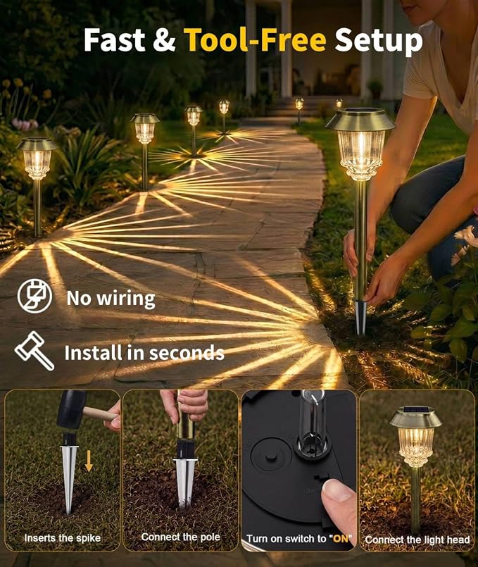 XMCOSY+ Solar Pathway Lights Outdoor, 6 Pack Bright Solar Landscape Lights | 10-40 LM Dimmable White Path Lights, Auto On/Off, 12H Lighting, All-metal & Aluminum Waterproof Solar Powered Garden Light