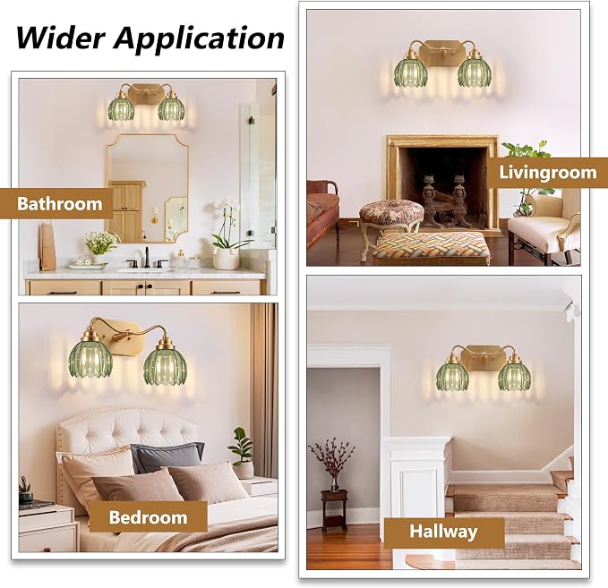 Vintage Gold Vanity Lights, 2-Light Green Tulip, Antique Brass Finish | Brushed Gold Bathroom Light Fixtures, Crystal Wall Sconce Ideal for Bedroom, Living Room, E26 Compatible, Easy Install