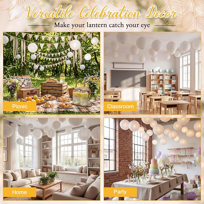 Treela 72 Pack White Chinese Japanese Paper Lanterns Decorative Hanging Round Paper Lantern Lamps for Wedding Birthday Party Decorations (8 Inch)