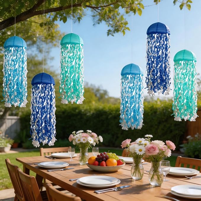 Jellyfish Paper Lanterns with LED Lights Set of 6, Blue Mix Dome Hanging Floating Decorations for Under the Sea Party Mermaid Birthday Ocean Classroom Beach Room Aesthetic