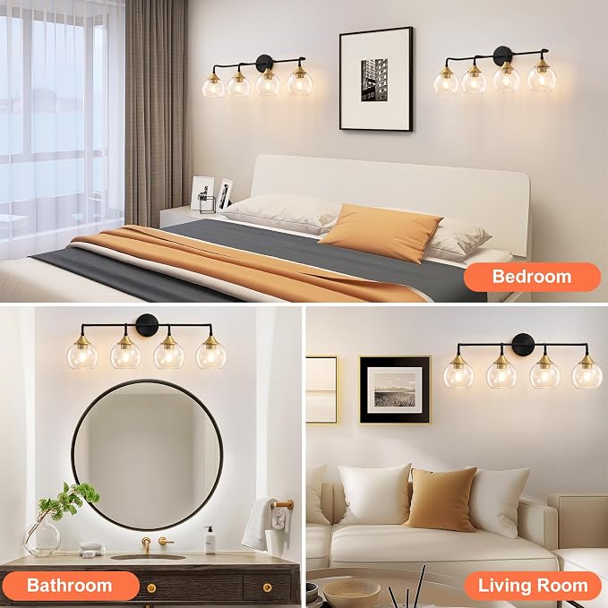 Bathroom Vanity Light 4-Light Black and Gold Vanity Lights 31" | Farmhouse Vanity Lighting Fixtures Over Mirror, Thickened Clear Glass Shade, UL E26 Dimmable Vanity Light Fixtures