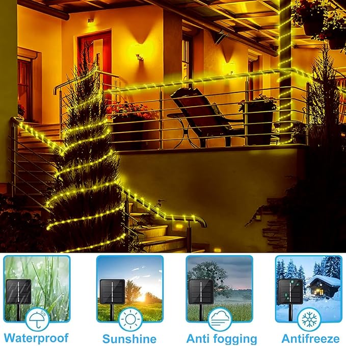 99FT 1000LED Solar Rope Lights - Warm White Solar Powered String Lights with 8 Lighting Modes, IP65 Waterproof Fairy Light for Outdoor Garden Yard Tree Christmas Holiday Decor