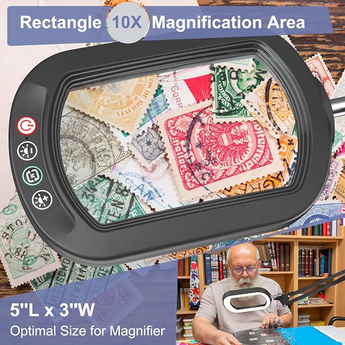 16" Extra Long Magnifying Glass with Light and Clamp, Real Glass, 5 Color Modes, Stepless Dimmable, Lighted Magnifier with Stand Hands Free, LED Swing Arm Desk Lamp for Close Work, Craft, Black