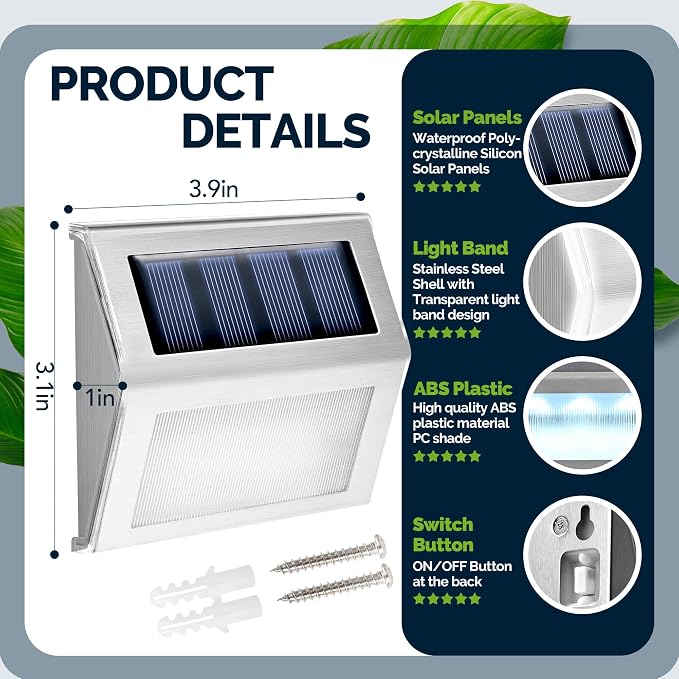 GIGALUMI 12 Pack Solar Fence Lights Outdoor, Waterproof LED, Cold White | Stainless Steel for Outdoor Stairs, Step, Deck, Fence, Yard, Patio, and Balcony