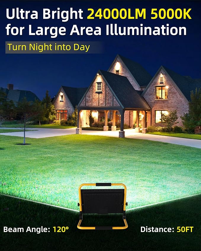 24000LM Work Light with 16FT Cord & Switch, IP66 for Construction Job Site | 200W LED Flood Light Plug in Ultra Brighter, Portable Worklight with Stand, 5000K Daylight for Workshop Camping Outdoor