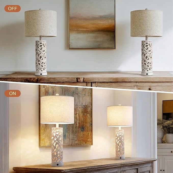 2-in-1 Light Table Lamp Set of 2 for Living Room, 28.5" Farmhouse Bedside Lamps with USB Charging Port, Main&Night Light & Dual Switches, Nightstand Lamp for Bedroom Home Office(Bulb Included)