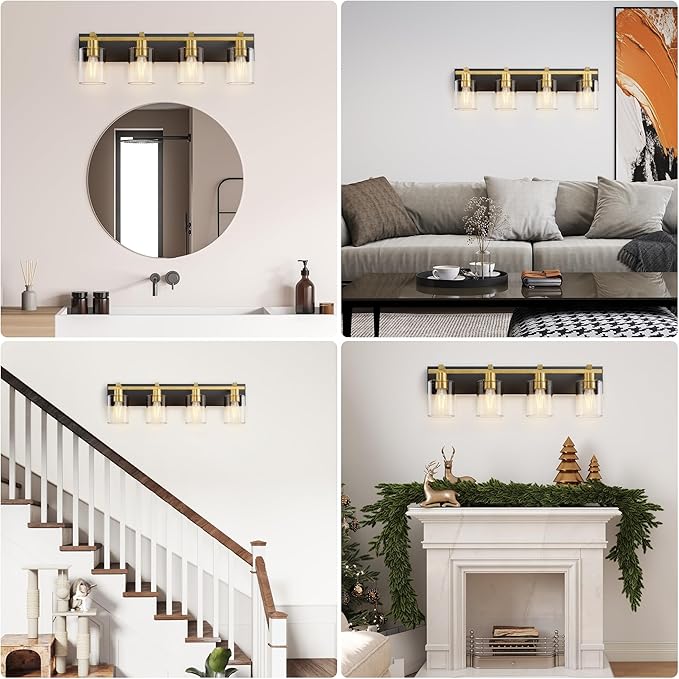 Espird Bathroom Vanity Light,4 Light Matte Black and Gold Light Fixture with Thickened Clear Glass Shade, 30 inch Modern Wall Sconce, Bathrooms Vanity Light Over Mirror for Bathroom
