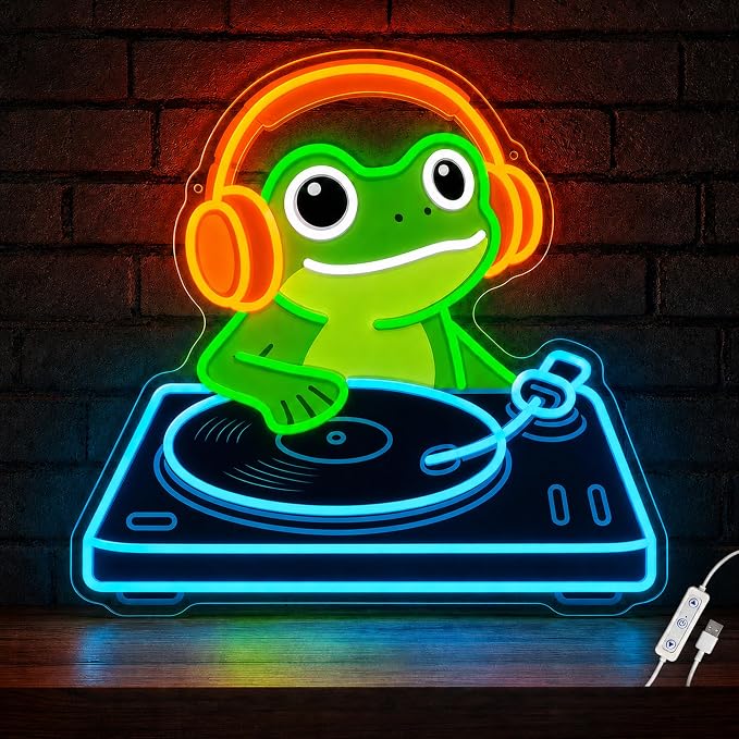 Frog DJ Neon Sign, Music Neon Signs for Wall Decor, Cute LED Light Up Sign for Bedroom, Game Room, Man Cave, Bar, Studio and Party Decor, USB Powered Dimmable Funny Wall Art Gift for DJ Music Lovers