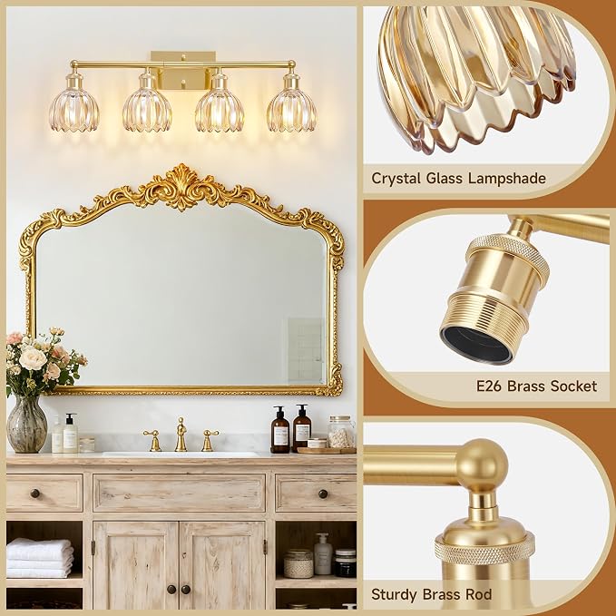 Bathroom Light Fixtures Over Mirror, 27.2 in Vintage Bathroom Light Fixture 4 Light,Antique Brass Wall Sconce with Amber Tulip Glass Shade for Bedroom Living Room,Foyer,Hallway, E26 Base