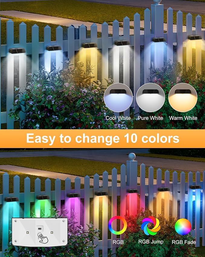 Brightown 6 Pack Solar Fence Lights, 7 RGB & Warm White/Cool White | Color Changing, IP65 Waterproof Solar Lights Outdoor for Yard Fence Deck Step Garden